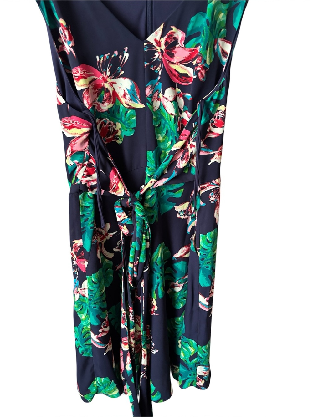 Tahari Navy Floral Tie-Waist Women's Dress